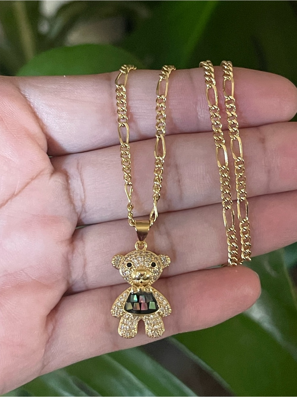 Gold Teddy Bear Pendant Necklace with Multicolor Inlay
